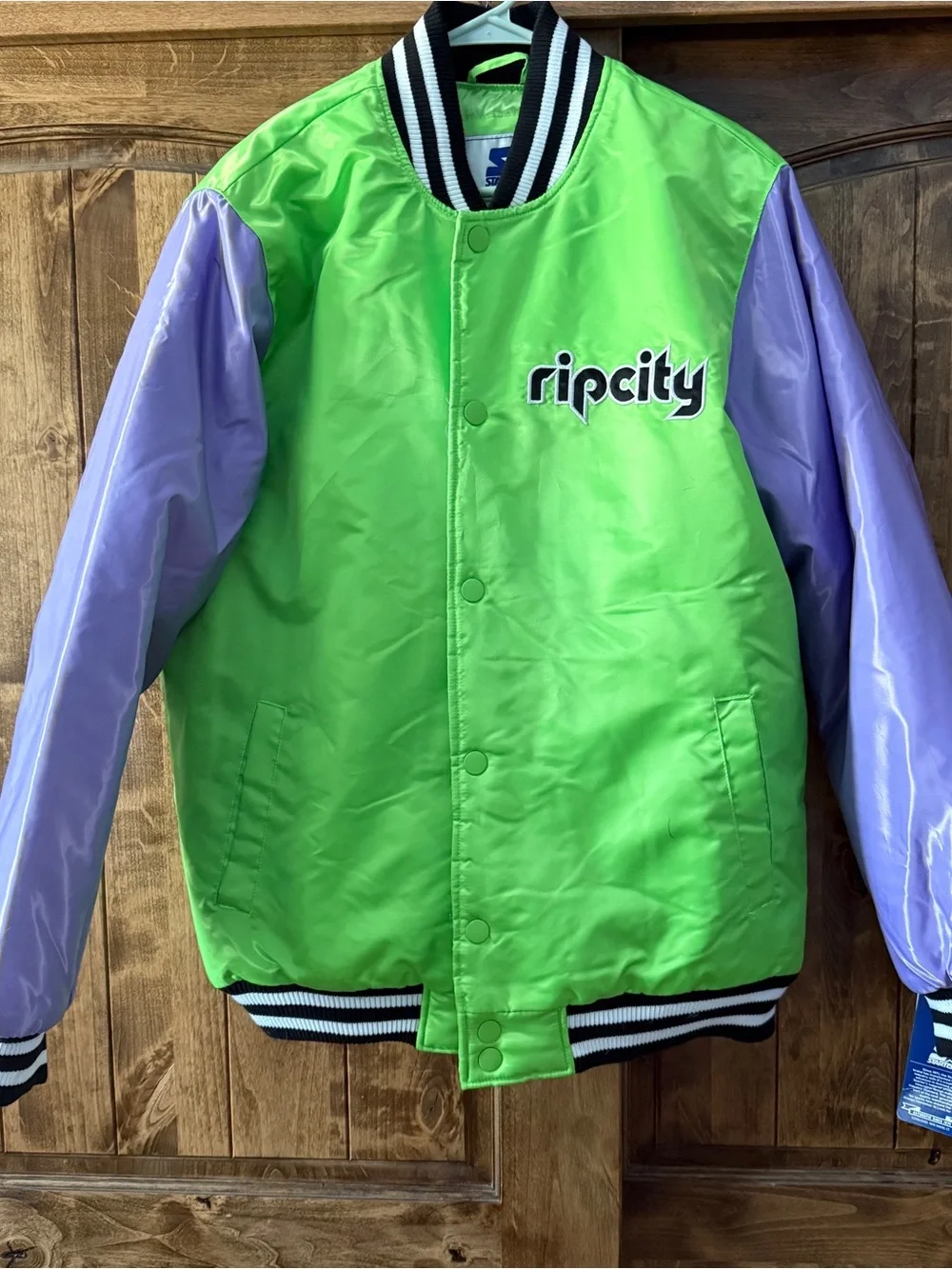 STARTER Rip City Two-Tone Green and Purple Bomber Jacket
